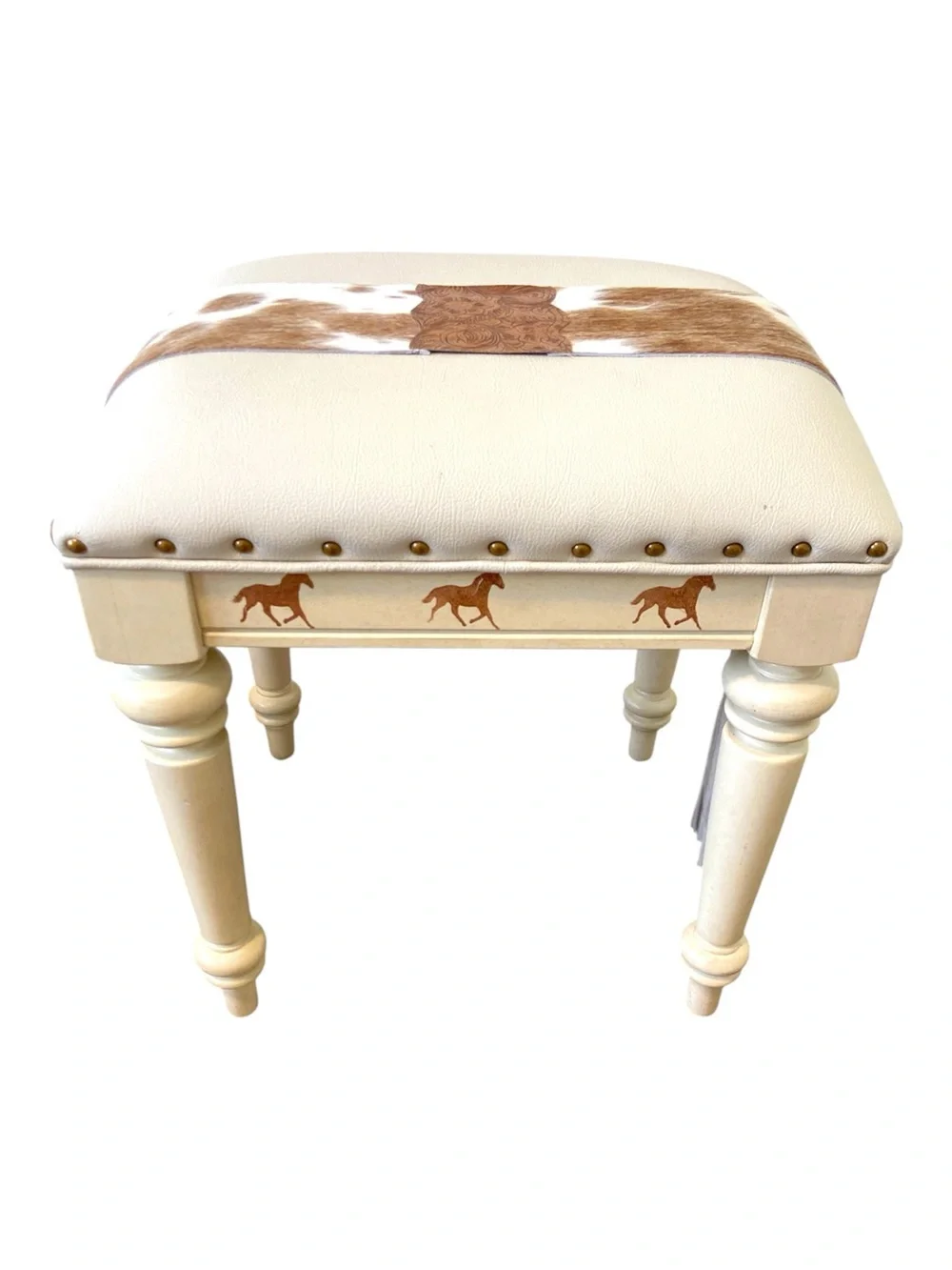 Rustic Western Vanity Stool Cowhide Leather Fringe Horse Accent Country Ottoman